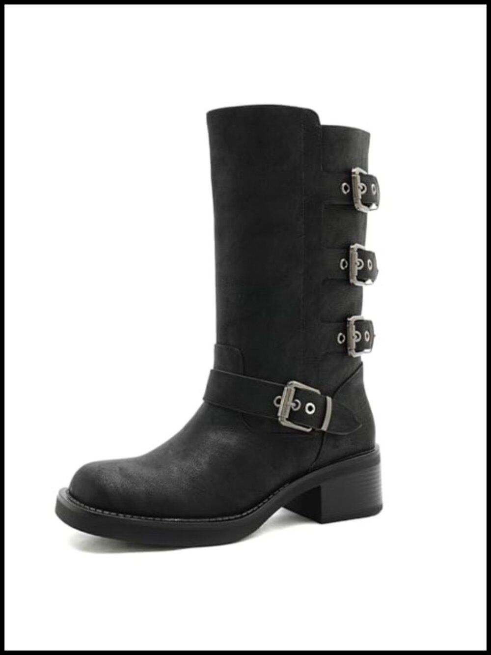 Faux Leather Mid-Calf Motorcycle Boots Square Toe Low Heel Zip